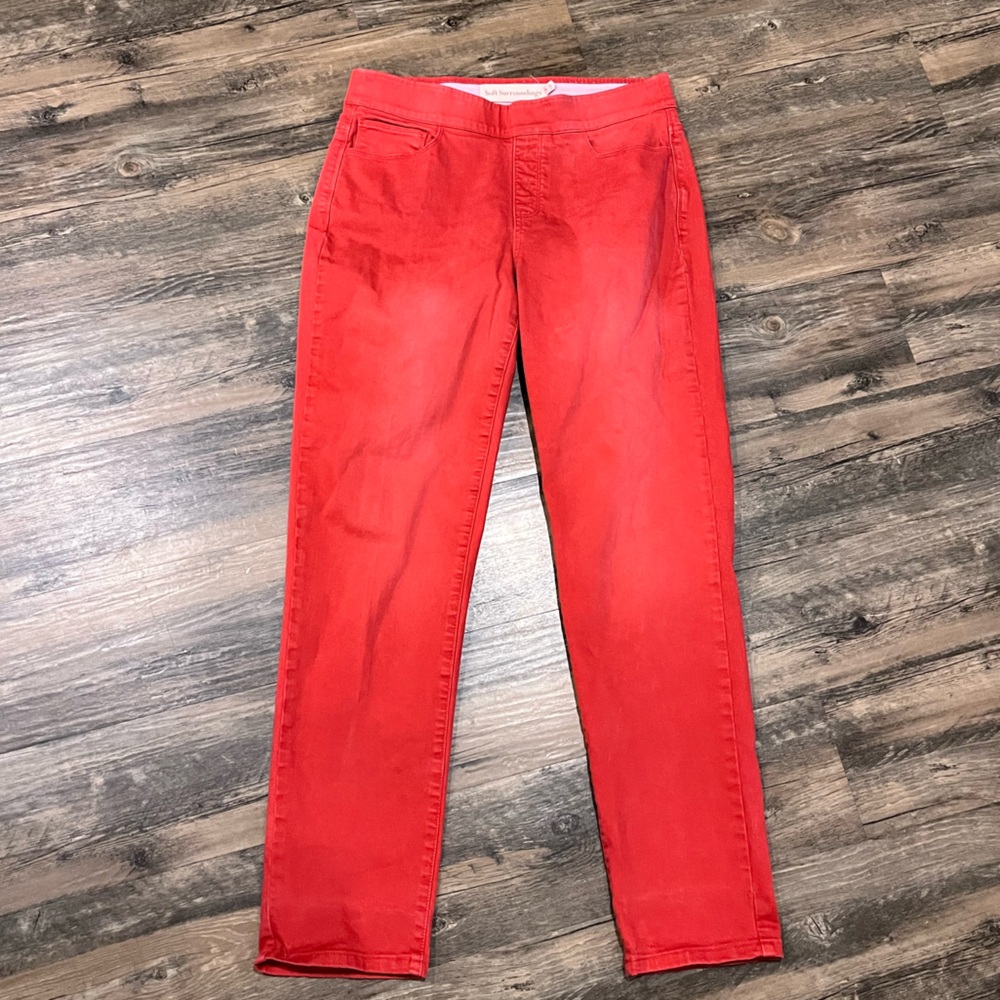 Soft Surroundings Women MEDIUM Cotton Red Pull On Denim Pants Jeans Straight